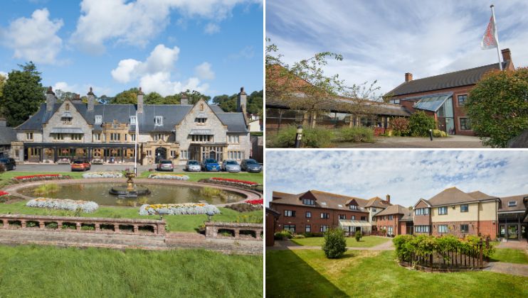 A collage of three images shows two modern red-brick buildings and a large historic building with a fountain and flowerbeds in front, all under blue skies with scattered clouds.