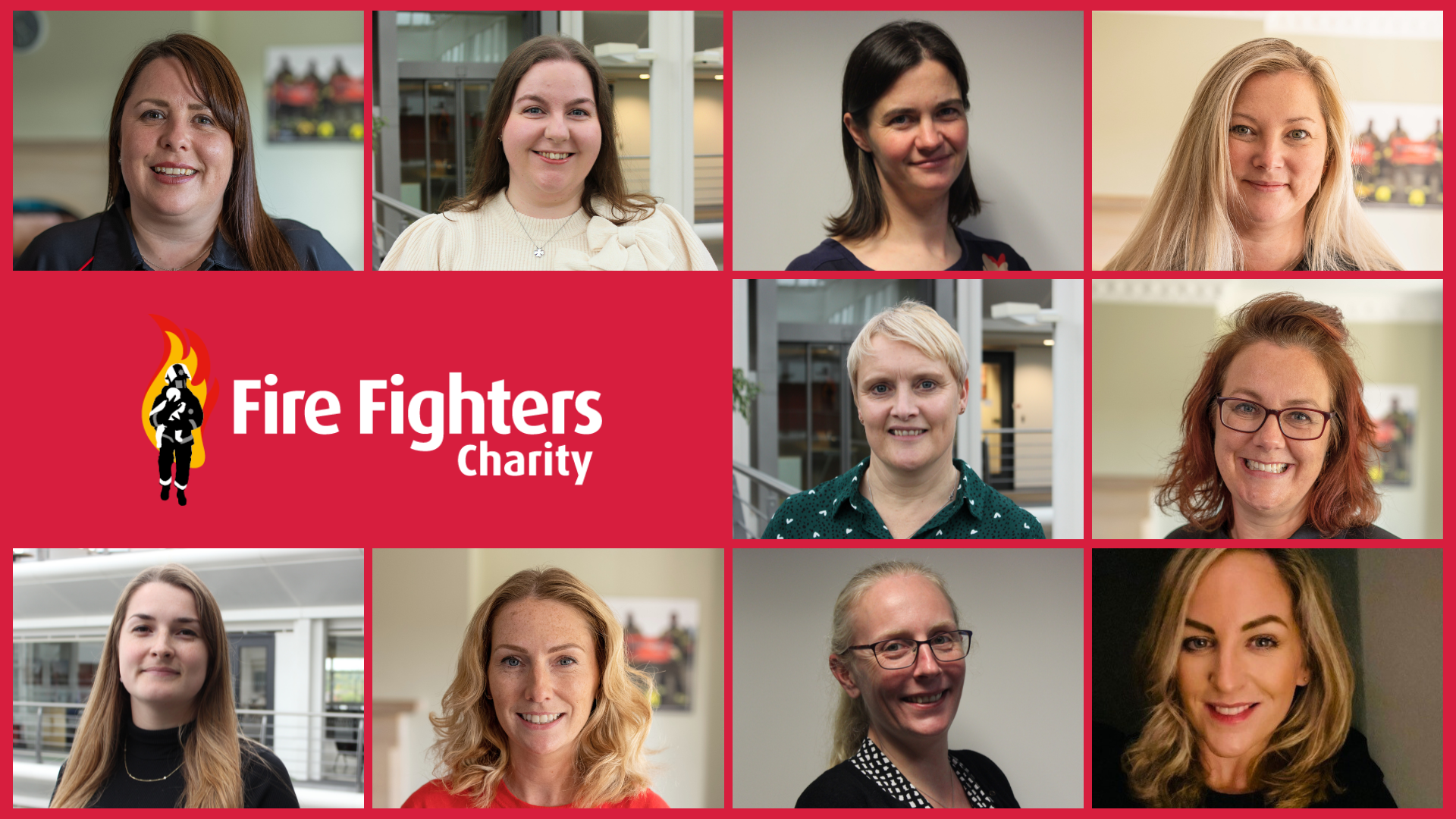 A collage with ten women smiling in individual portrait photos, arranged around the Fire Fighters Charity logo on a red background.