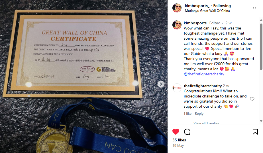 A certificate for completing the Great Wall of China charity challenge is displayed next to a blue ribbon with a gold medal. The background includes an Instagram post expressing gratitude for support and donations.