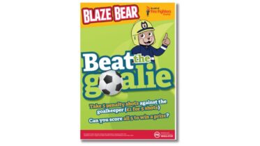 A colorful poster features Blaze Bear, a cartoon bear in firefighter gear, promoting a 