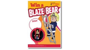 Poster with a cartoon firefighter bear climbing a ladder, text reads 