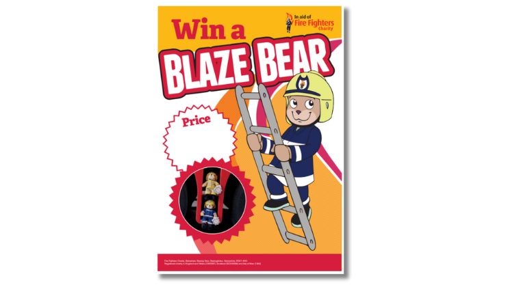 Poster with a cartoon firefighter bear climbing a ladder, text reads 
