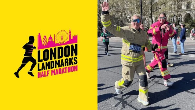 Split image: Left side shows the London Landmarks Half Marathon logo in black and pink on a yellow background; right side shows two runners in firefighter suits and sunglasses waving during the race.