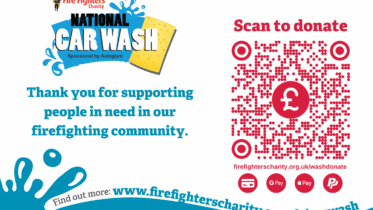 Promotional poster for the Fire Fighters Charity National Car Wash, featuring a QR code to donate, a thank you message, and a website link for more information on supporting the firefighting community.