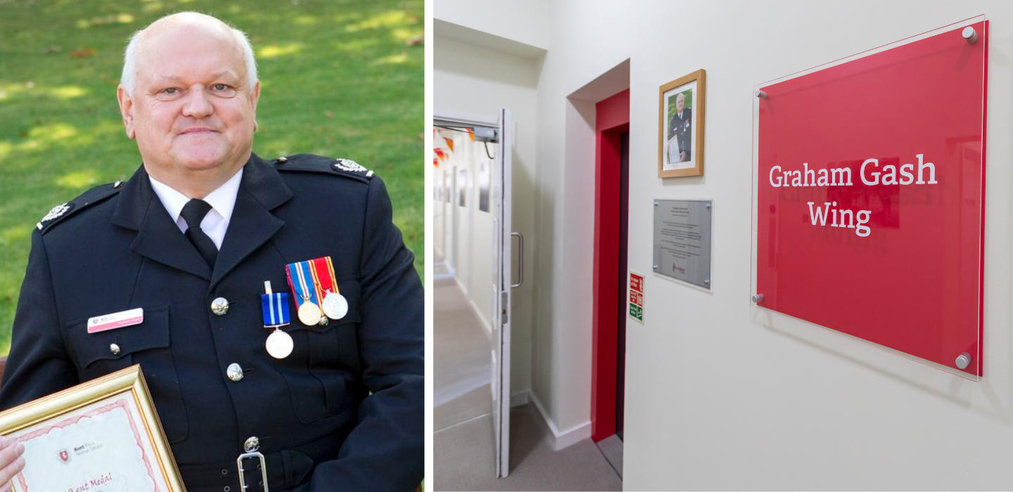 A man in a formal police uniform, holding a certificate with medals on his chest, is shown on the left. On the right, a hallway features a red sign that reads