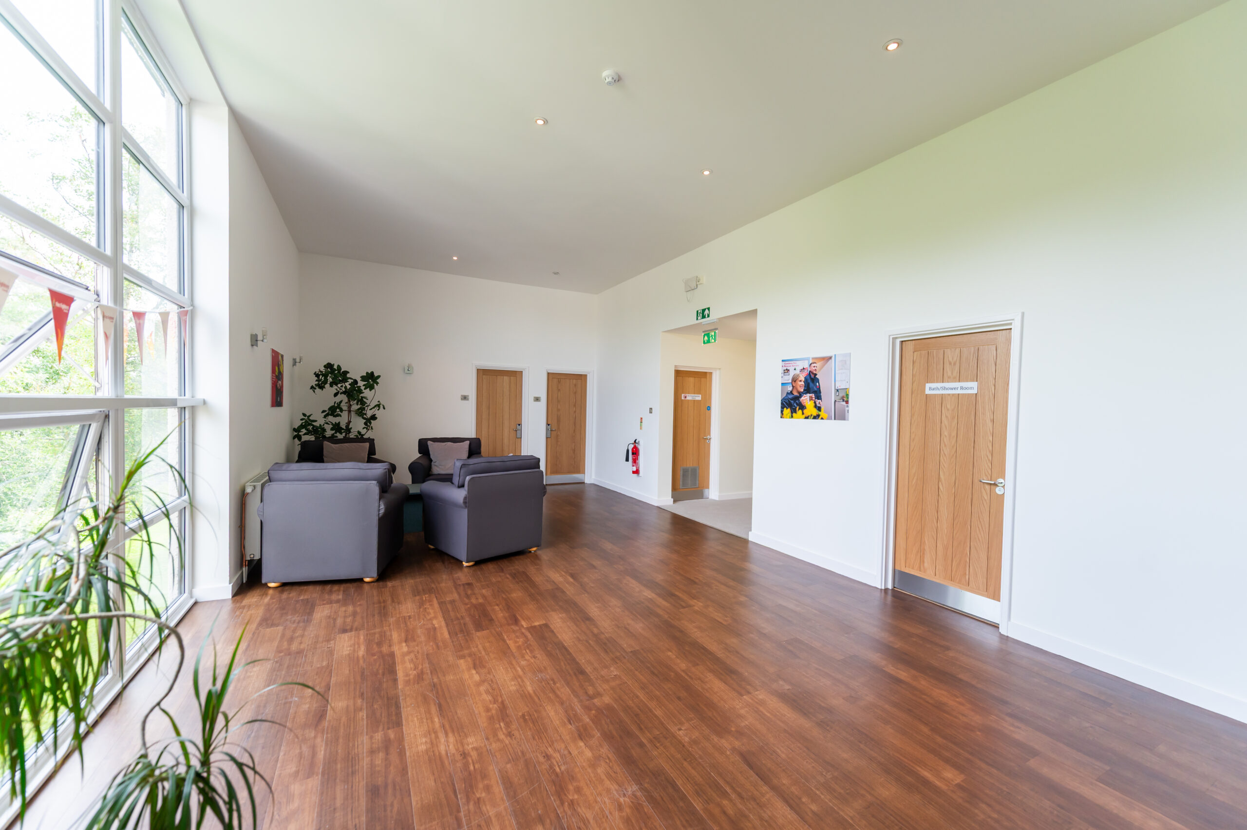A bright, spacious room with wooden floors, gray sofas, and a large window on the left. Several closed wooden doors line the white wall, and potted plants and wall decorations add a welcoming feel.