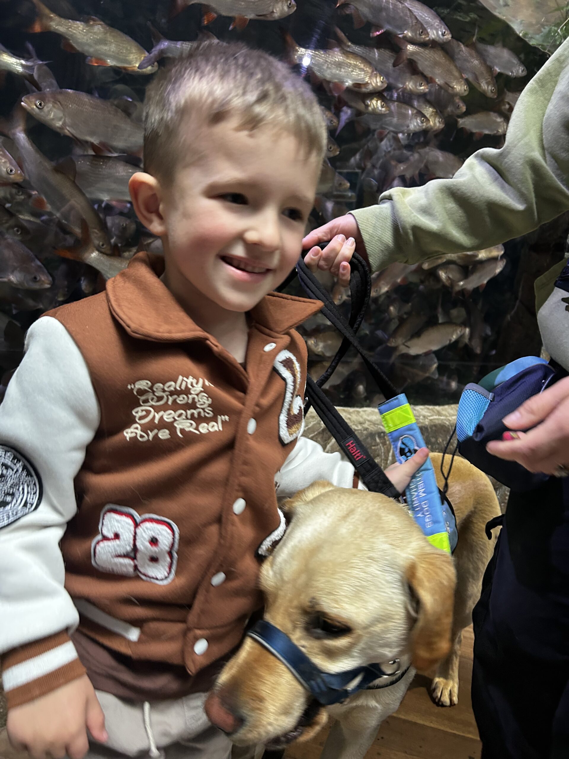 A smiling young boy in a brown and white jacket stands next to a yellow Labrador wearing a harness. Behind them, another person holds the dog's leash. Numerous fish swim in a large aquarium tank in the background.
