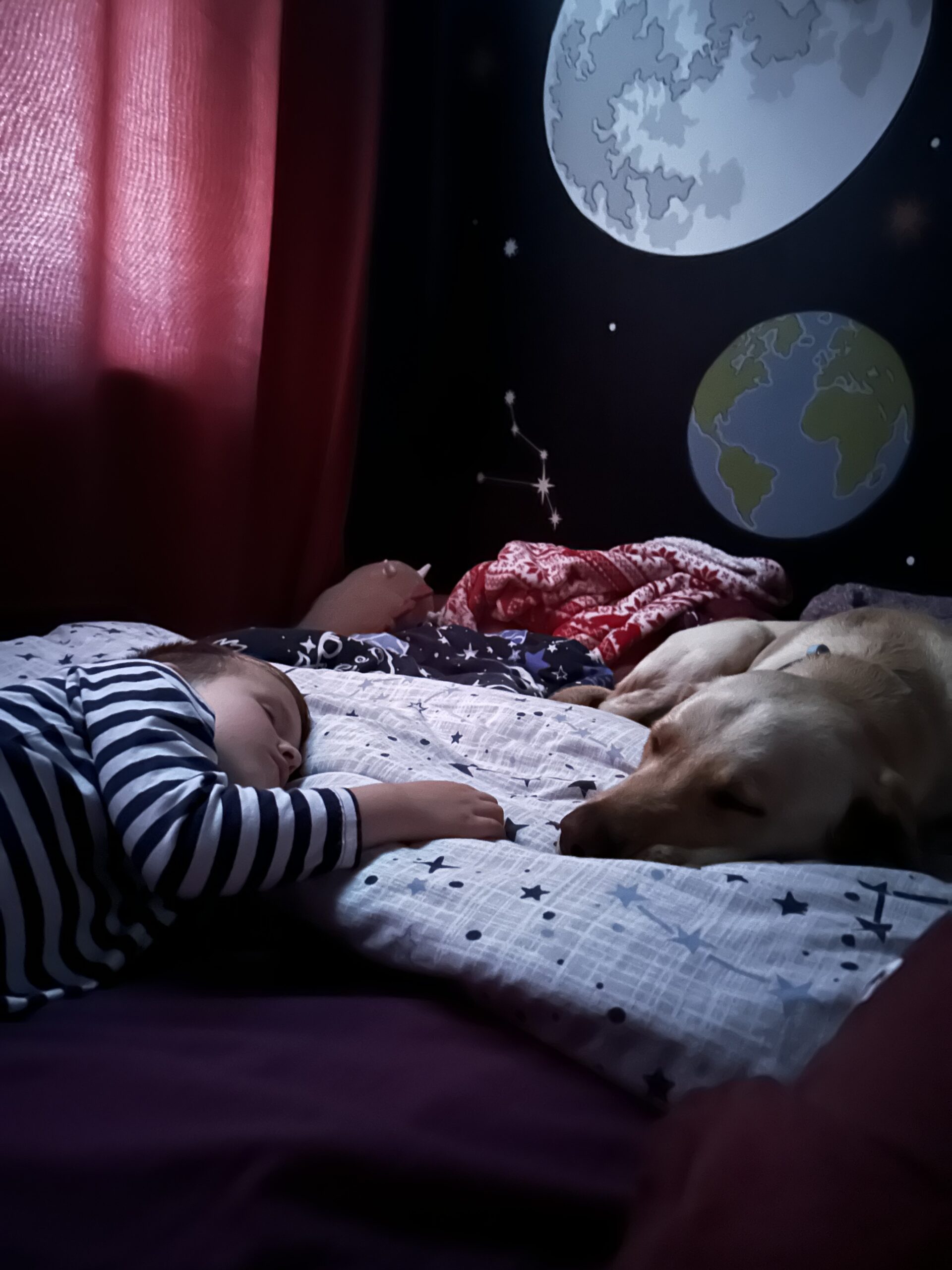 A young child in striped pajamas sleeps on a bed beside a yellow dog. The bedding has star patterns, and a wall mural of the moon, Earth, and constellations is visible in the background. Soft light filters through red curtains.