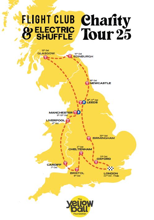 A yellow map of the UK shows the “Flight Club & Electric Shuffle Charity Tour 25” route, marking cities and dates from Glasgow to London, with a dashed line connecting each stop. The Yellow Ball Foundation logo is at the bottom.