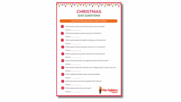 A Christmas quiz sheet with ten questions about Christmas traditions, decorations, and Santa Claus, featuring festive lights at the top and the Fire Fighters Charity logo in the bottom right corner.