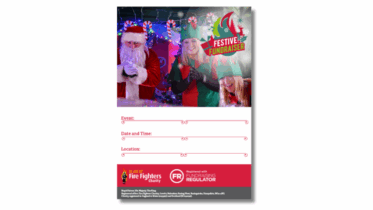 A festive fundraiser poster with Santa and an elf decorating, space to write event details, and Fire Fighters Charity logos at the bottom.
