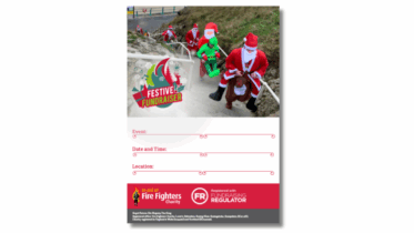 A group of people dressed as Santa Claus and elves climb outdoor steps during a festive fundraiser event. The lower part of the image contains blank sections for event details and charity logos.