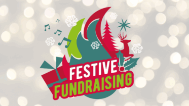 Festive graphic with a gift, music notes, snowflakes, a reindeer, trees, holly, and “Festive Fundraising” in bold red and green text, set against a blurred background of white holiday lights.