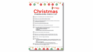 A Christmas fundraising checklist from Fire Fighters Charity, decorated with festive ornaments and stars. The checklist includes planning, registration, promotion, collecting donations, and thanking supporters.