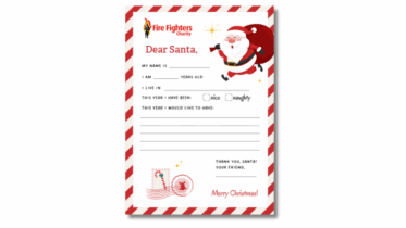 A Christmas-themed letter template for kids to write to Santa. It features a Santa illustration, Fire Fighters Charity logo, and spaces to fill in personal details, a wish list, and checkboxes for 