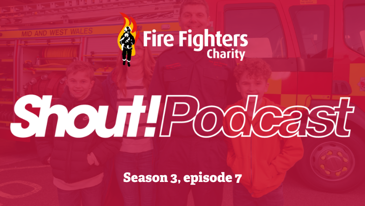 Four people stand in front of a fire engine. Text reads: