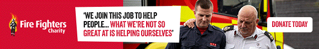 Banner for The Fire Fighters Charity shows two firefighters, one supporting the other, with text: “We join this job to help people… what we’re not so great at is helping ourselves.” Button says “Donate today.”.