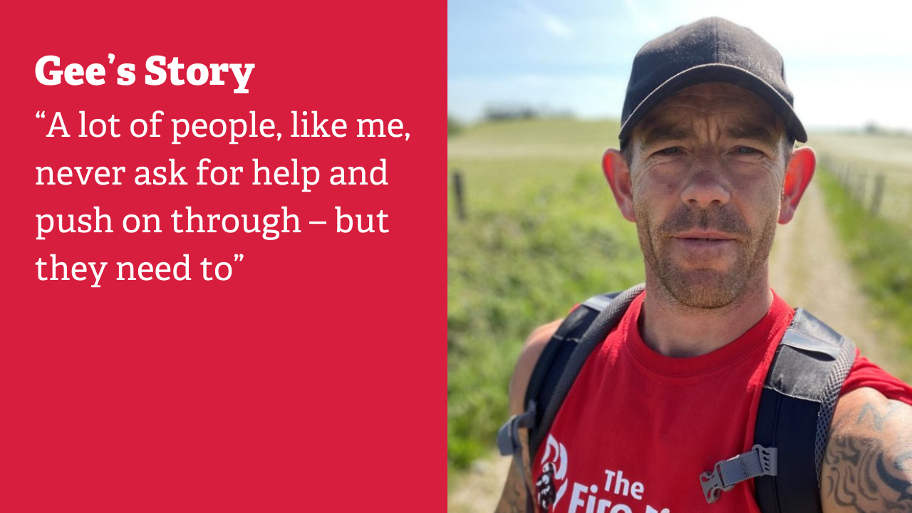 A man wearing a red t-shirt and a black cap stands on a rural path, looking at the camera. Text beside him reads: 