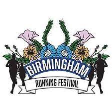 Logo for the Birmingham Running Festival featuring colorful flowers, silhouettes of two runners on each side, and the event name in bold text with a white banner below.