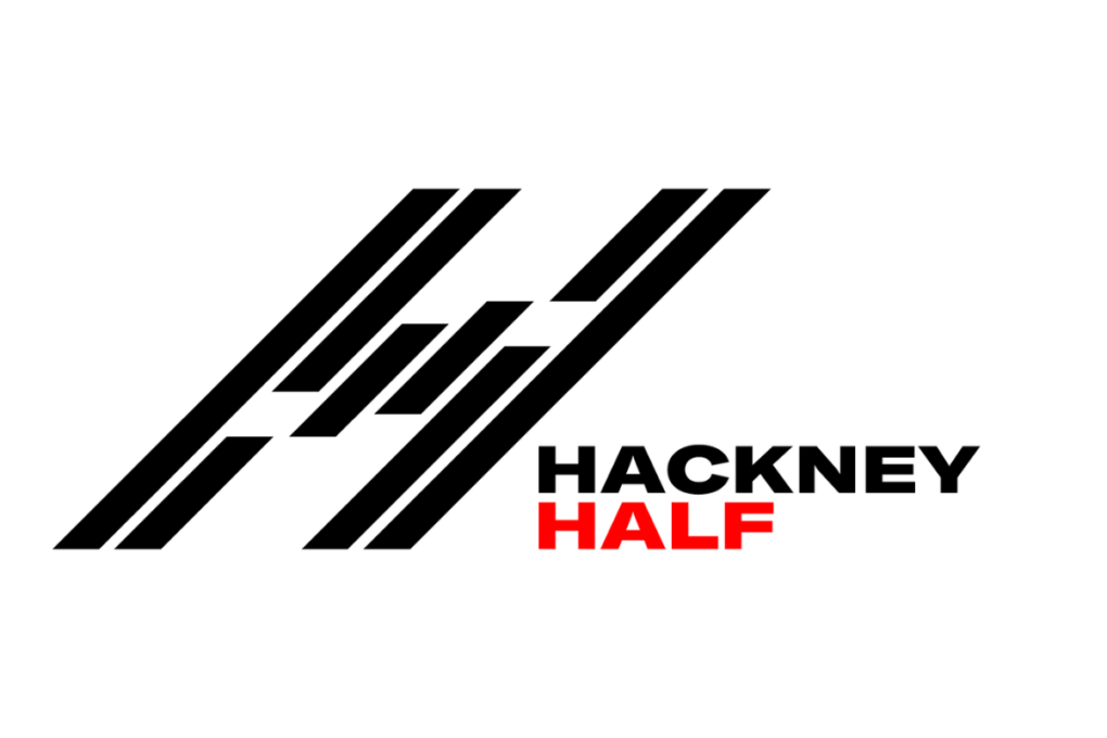 Black diagonal stripes form an abstract “H” shape, with the words “HACKNEY HALF” beside it; “HACKNEY” is in black and “HALF” is in red, on a white background.