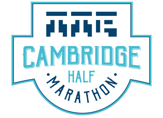 A white badge-shaped logo with blue outlines reads 