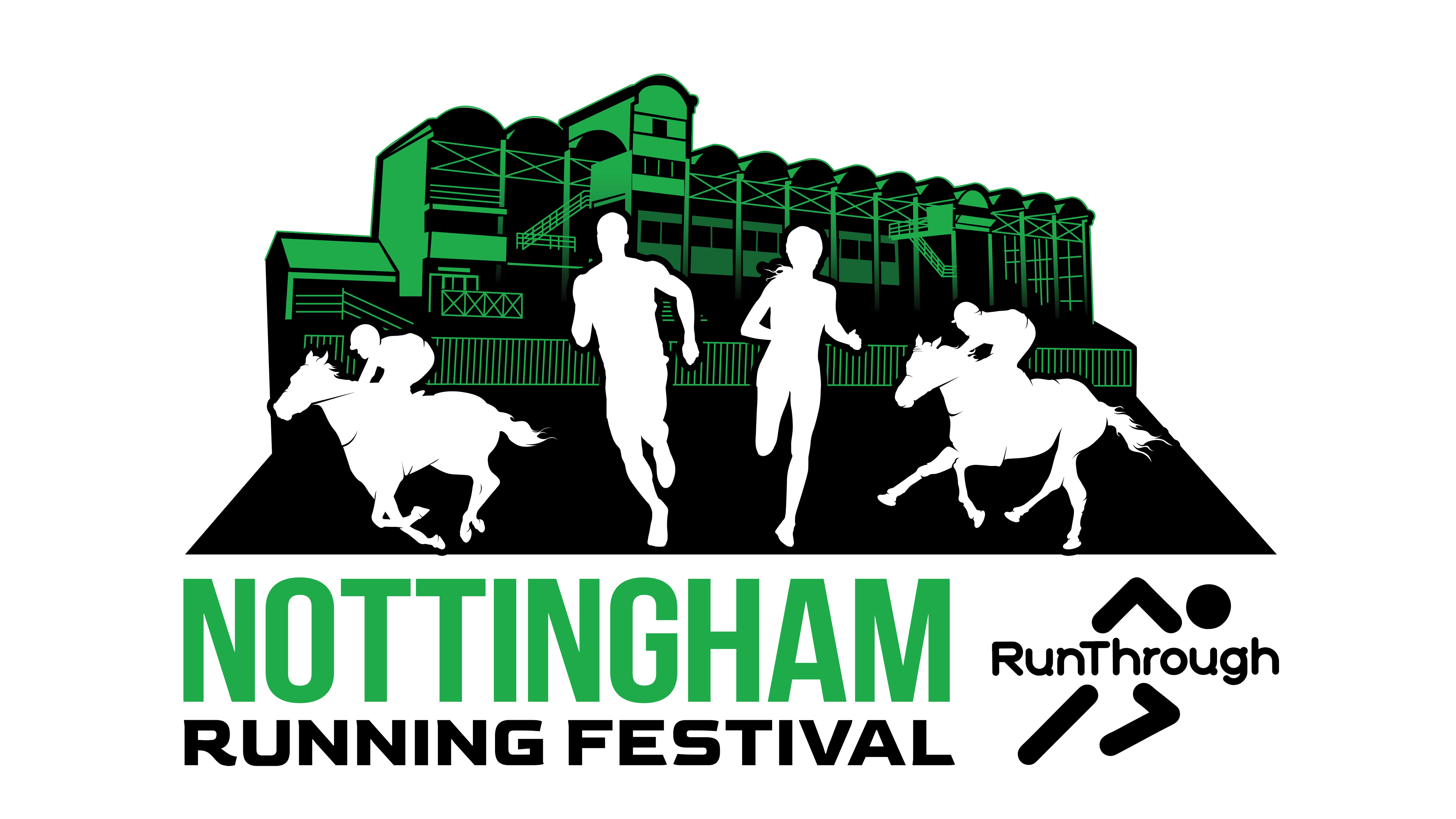 Logo for the Nottingham Running Festival showing silhouettes of two runners, a female and a male, surrounded by two horses with jockeys, with a grandstand in the background and the text “Nottingham Running Festival.”.