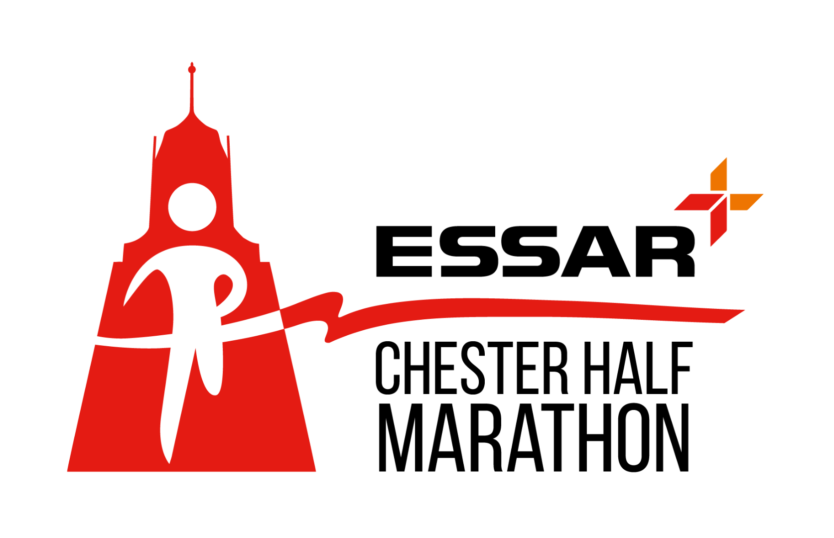 Logo for the Essar Chester Half Marathon featuring a red silhouette of a runner in front of a tower, with a swoosh and the event name in bold black text.