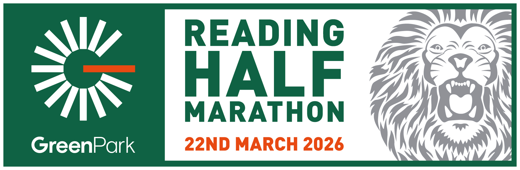 GreenPark Reading Half Marathon banner with a stylized lion face, event date 