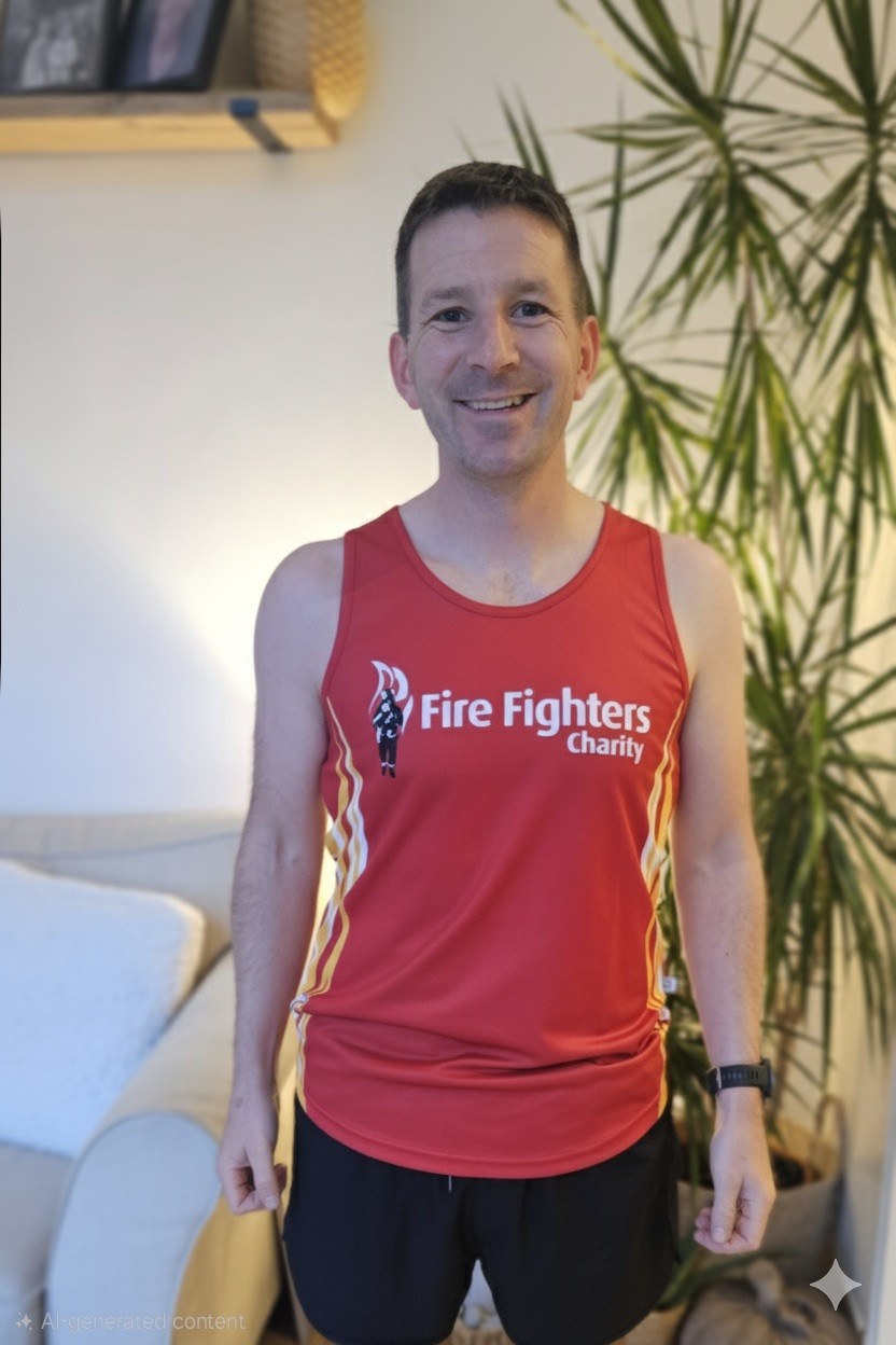 A smiling man wearing a red "Fire Fighters Charity" athletic tank top stands indoors near a tall green plant, with a beige sofa and light-colored cushions in the background.