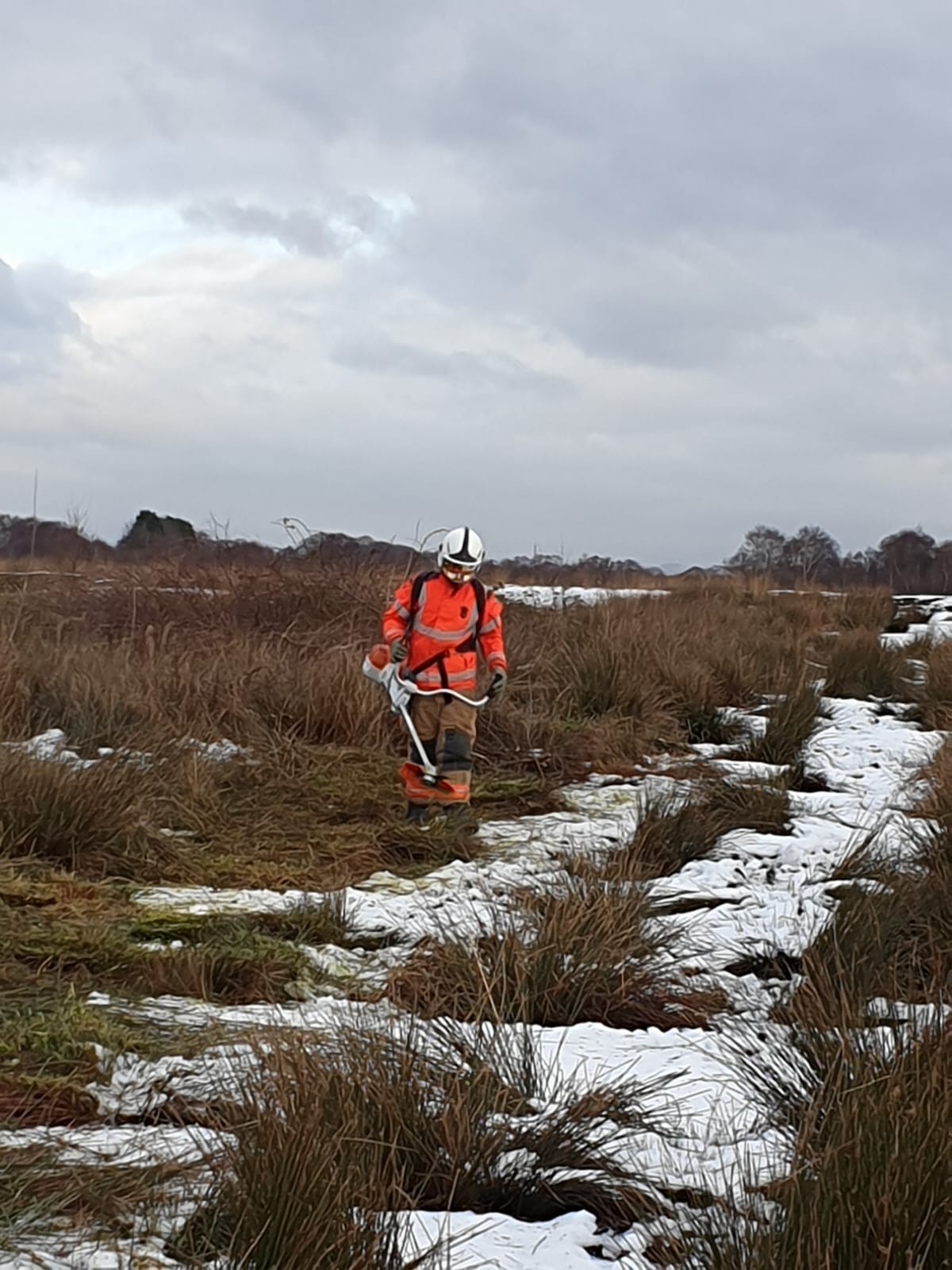 A person in high-visibility orange work gear and a white helmet walks through a snowy, grassy field under a cloudy sky.
