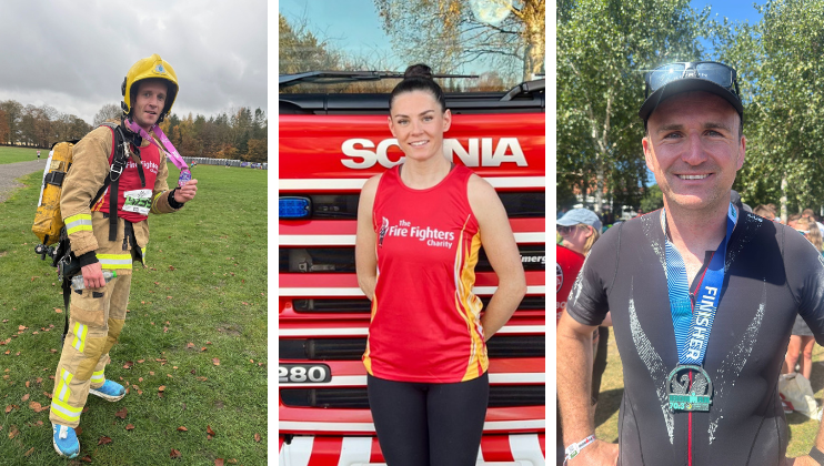 Three people are pictured: a firefighter in gear holding a medal, a woman in a red Fire Fighters Charity shirt standing by a fire truck, and a man in athletic wear with a finisher medal at an outdoor event.