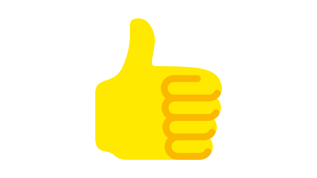 A bright yellow thumbs-up symbol with a thick orange outline, shown on a plain white background. 