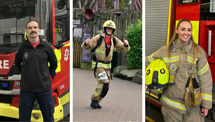Three firefighters are pictured: the first stands by a fire truck, the second is smiling and running in full gear, and the third stands by a fire engine holding a helmet, all wearing firefighter uniforms.