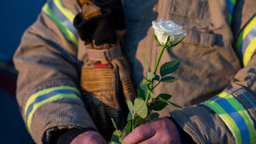 A firefighter in uniform holds a single white rose with both hands, with protective gloves tucked under one arm. The scene is calm and respectful.