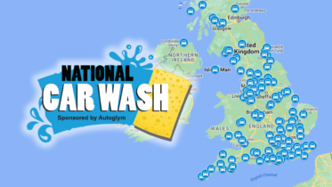 A map of the UK showing icons for car wash locations, with a graphic overlay reading 