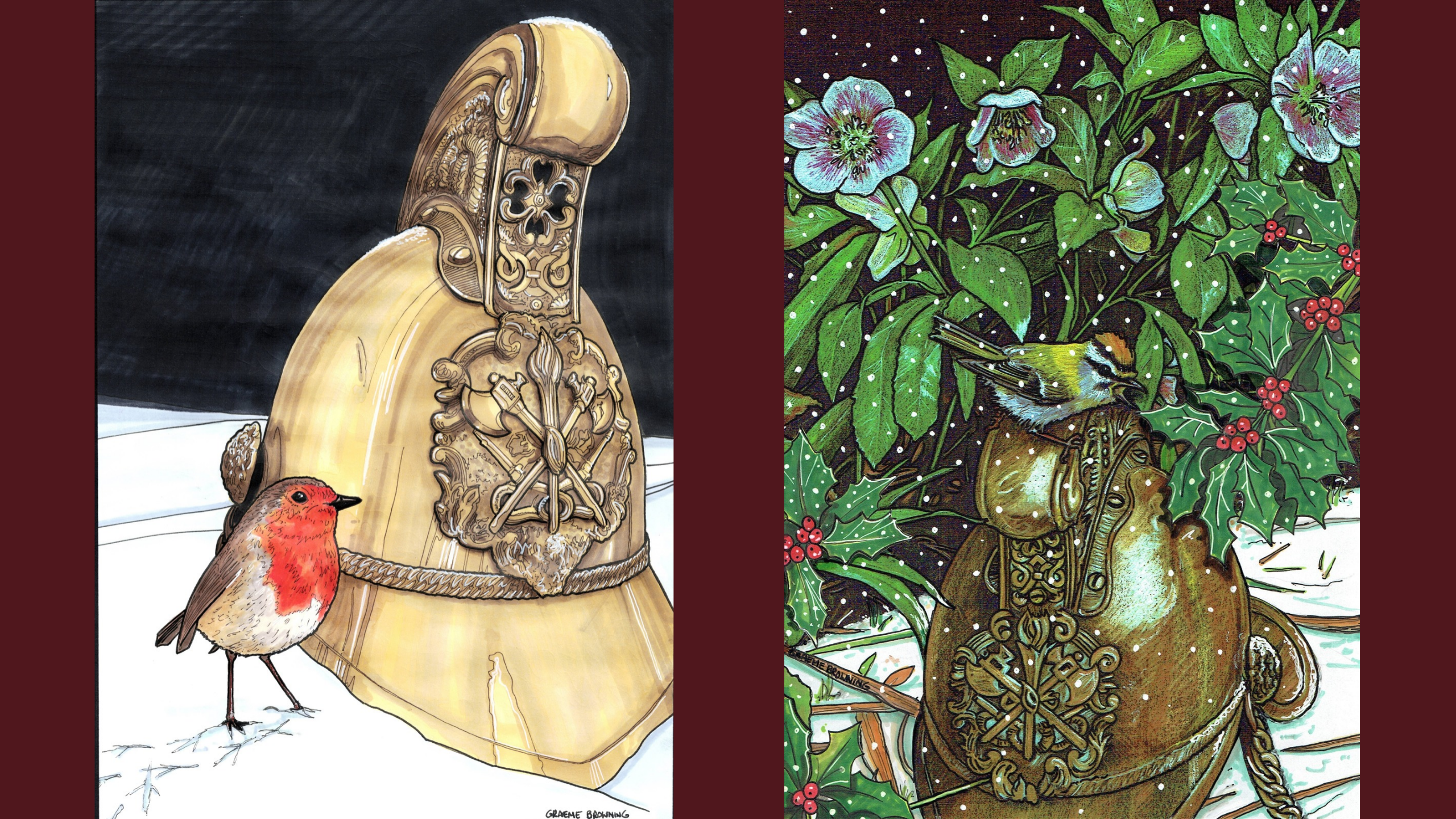 Two illustrations of a metallic ceremonial helmet: one with a robin in snow, the other with a goldcrest bird, holly, and hellebore flowers.