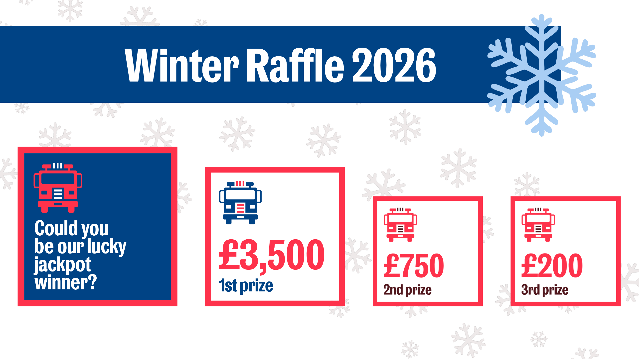 Winter Raffle 2026 announcement with fire truck icons and cash prizes: £3,500 for 1st, £750 for 2nd, and £200 for 3rd.
